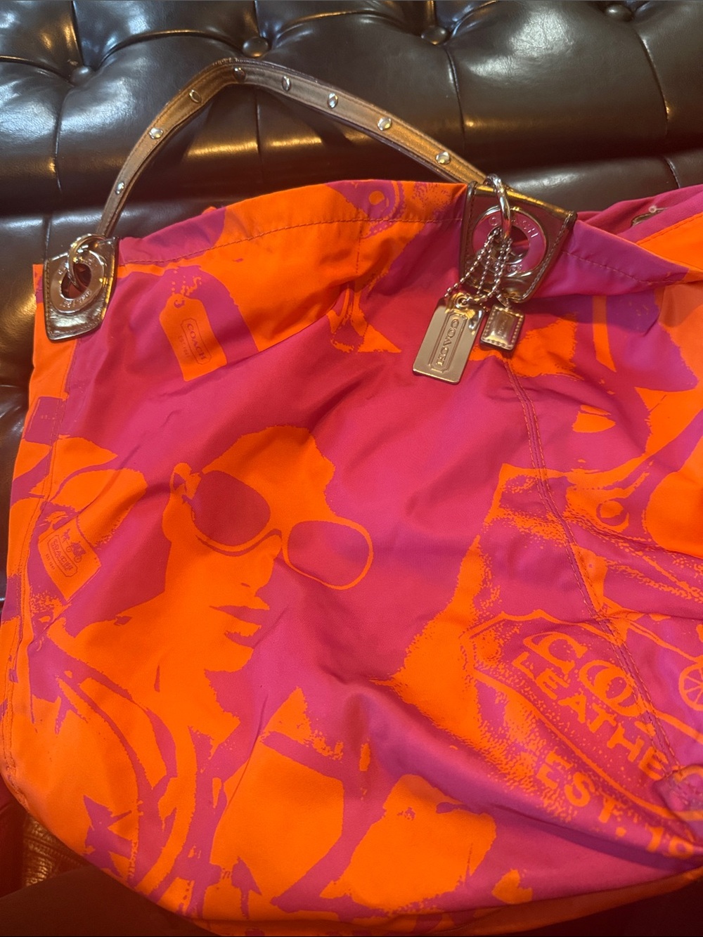 Coach Orange and Pink Graphic Shoulder Bag with Silver Accents
